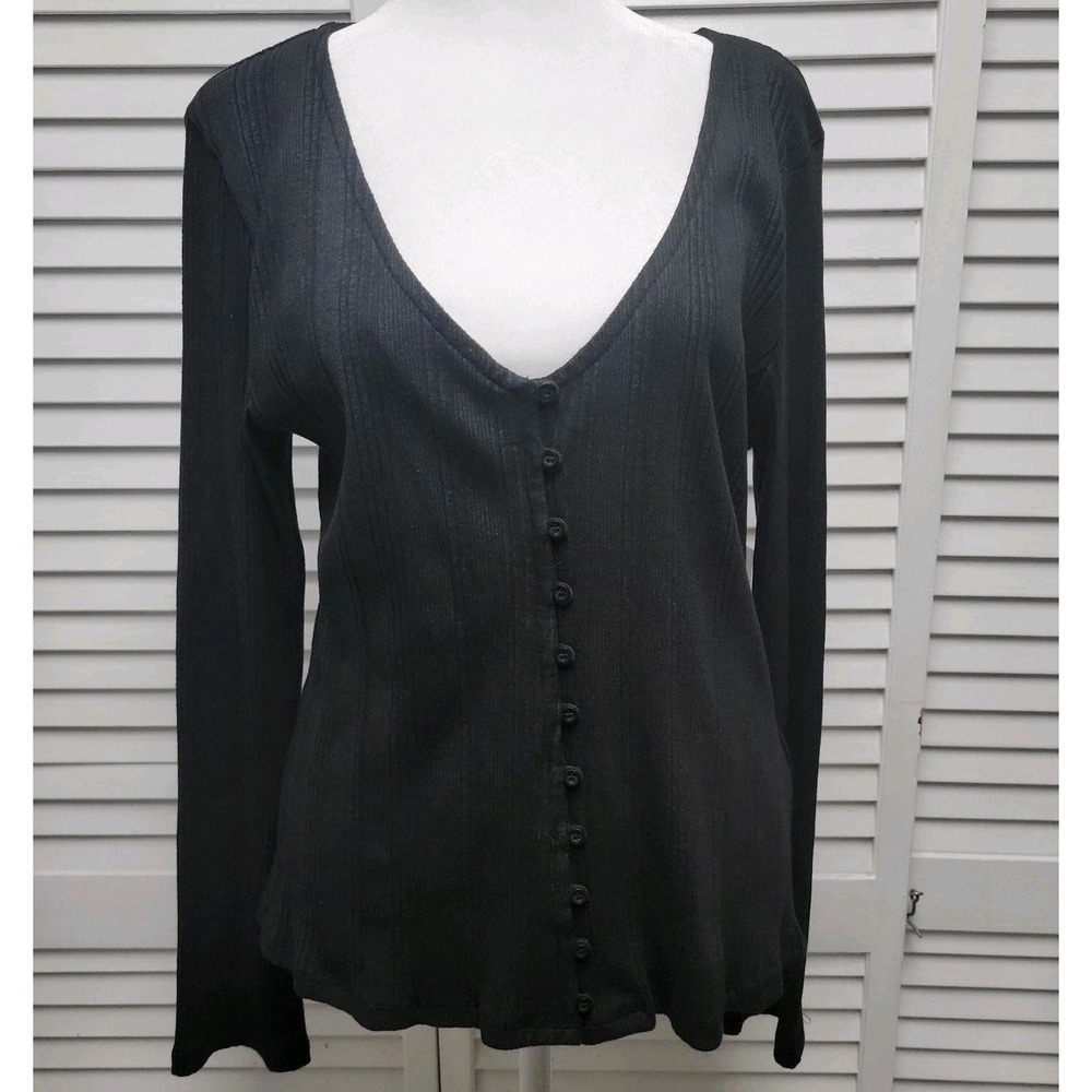 Anthropologie Black Ribbed V-Neck Button-Down Long Sleeve Top